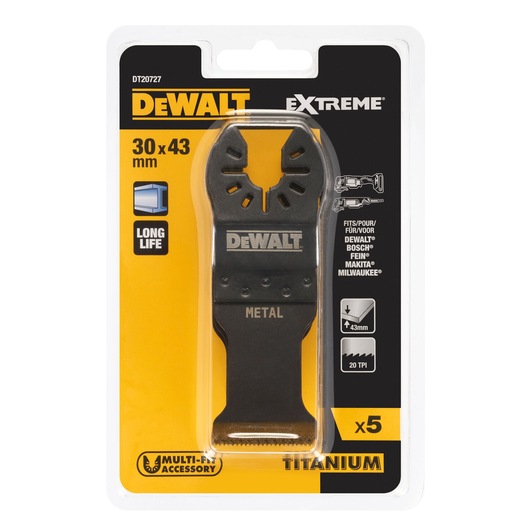 Packaging of a DEWALT Extreme titanium oscillating multi-tool accessory blade, model DT20727. The package shows a metal cutting blade measuring 30 x 43 mm, suitable for long life and compatible with various brands. Contains five blades.