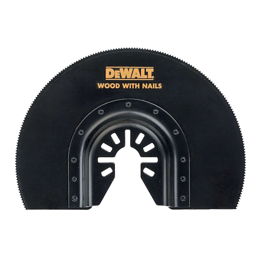DEWALT half-round saw blade for cutting wood with nails, black color and marked for woodworking.