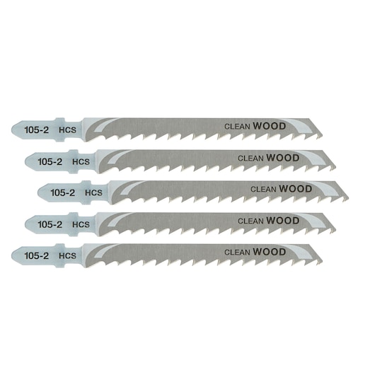 Five DEWALT DT2075 jigsaw blades for cutting wood, arranged in a horizontal row. Each blade is marked '105-2 HCS' and 'Clean Wood.'