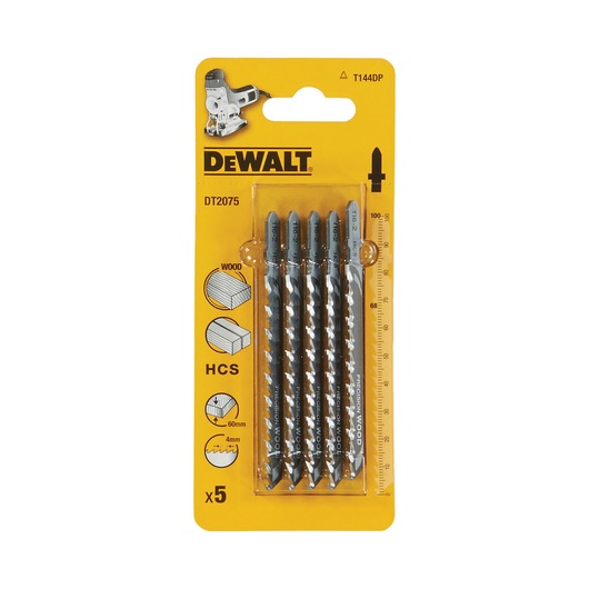 Pack of five DEWALT DT2075 jigsaw blades in plastic packaging, suitable for cutting wood. The packaging is yellow and displays product details, diagrams of wood cutting, and blade specifications.