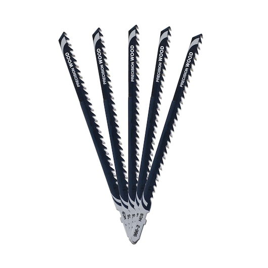 Set of five DEWALT jigsaw blades designed for precision wood cutting, displayed in a fan shape.