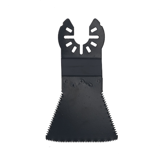 A black, triangular oscillating multi-tool saw blade designed for cutting, photographed against a white background.