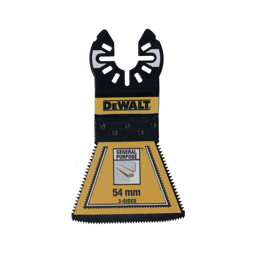 DEWALT general purpose multitool blade, 54 mm 3-sided cutting blade for oscillating tools, shown against a white background.