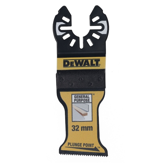 A DEWALT 32mm plunge point general purpose saw blade for oscillating tools, featuring a black and yellow design with toothed edge.