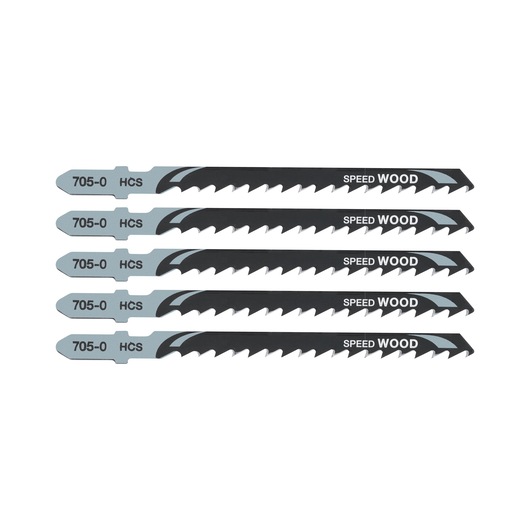 Five DEWALT DT2077 jigsaw blades for wood cutting, arranged horizontally on a white background.