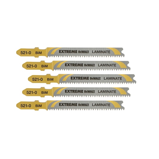 Five DEWALT jigsaw blades for laminate, model DT2080, with yellow and silver color, arranged in a row.