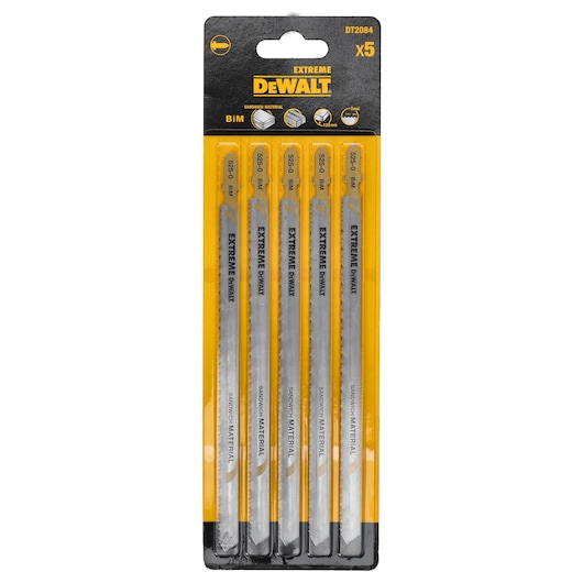 Pack of five DEWALT Extreme DT2084 BIM sandwich material jigsaw blades in yellow and black packaging.