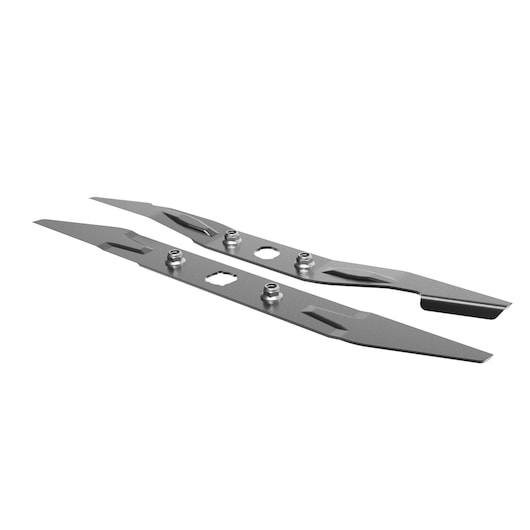 Two metal lawn mower blades with bolts, flat and angled ends, placed side by side on a white background.