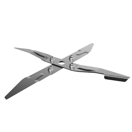 DEWALT DT20902 metal cross blade for brush cutters, with four sharp edges and mounting holes, on white background.