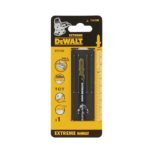 Packaging of a DEWALT DT2103 Extreme jigsaw blade, designed for cutting fibre and plaster. The package is yellow and black, features product information, and contains one blade.
