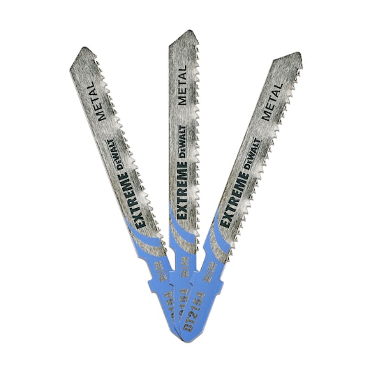 Three DEWALT DT2154 Extreme metal jigsaw blades, arranged in a fan shape, shown on a white background.