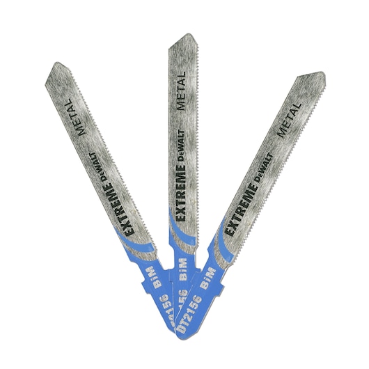 Three DEWALT DT2156 jigsaw blades for cutting metal, arranged in a fan pattern on a white background.
