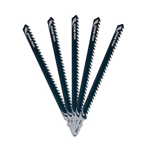 Five DEWALT jigsaw blades for wood, fanned out in a semi-circle on a white background.