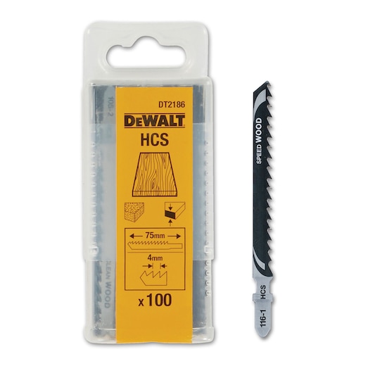 DEWALT DT2186 HCS jigsaw blade for wood, packaged with product specs. Blade with teeth shown next to pack.