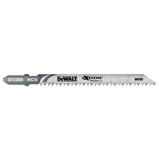 DEWALT DT2205 jigsaw blade for wood, metal finish, labeled Extreme Precision Cut, HCS material.