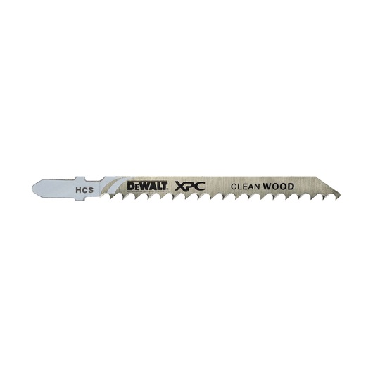 DEWALT XPC jigsaw blade for clean wood cutting, silver color with sharp teeth, model DT2210.
