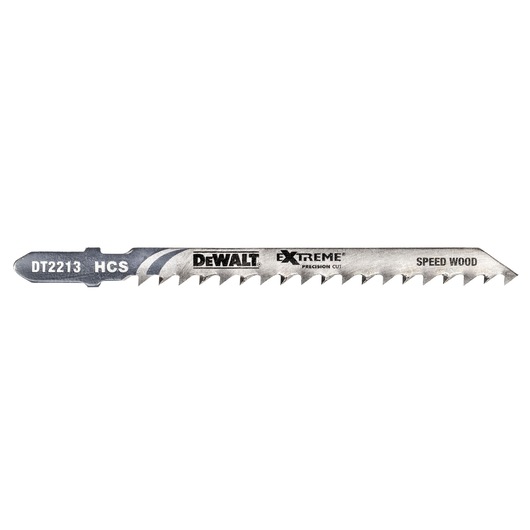 DEWALT DT2213 jigsaw blade for wood cutting, extreme series, metal, labeled with product details.