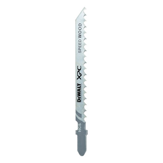 DEWALT DT2214 jigsaw blade for wood cutting, silver, labeled Speed Wood, with sharp teeth.