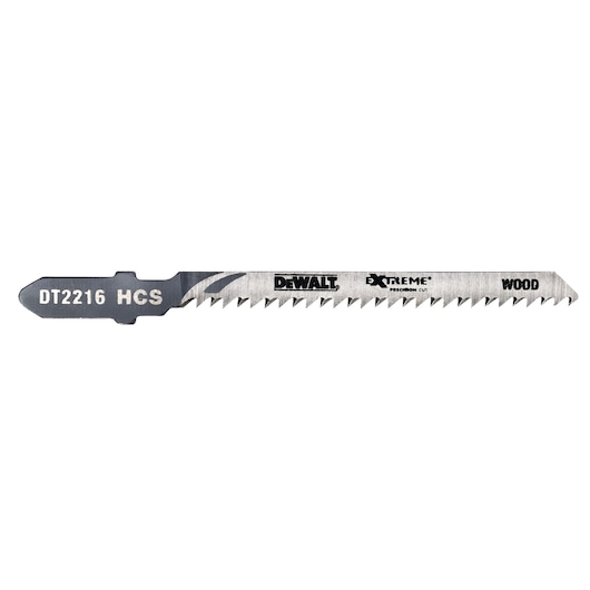 A DEWALT DT2216 HCS jigsaw blade designed for wood cutting, featuring sharp teeth and branded markings, shown against a white background.