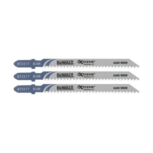 Three DEWALT DT2217 jigsaw blades for hard wood, featuring precision-cut teeth and BiM marking.
