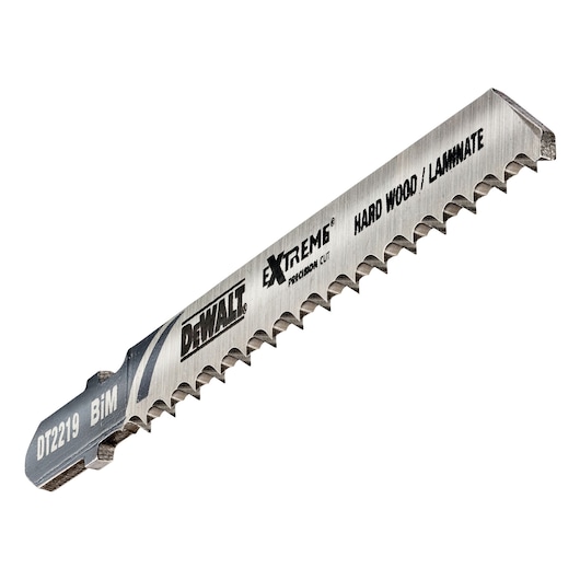 DEWALT DT2219 jigsaw blade for hard wood and laminate, precision cut, metallic finish, close-up view.