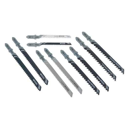 A set of ten DEWALT jigsaw blades arranged on a white background. The blades are designed for cutting wood and have different shapes and teeth for various types of wood cuts. Each blade has markings indicating its model and intended use, such as 'Clean Wood', 'Precision Wood', and 'Speed Wood'.
