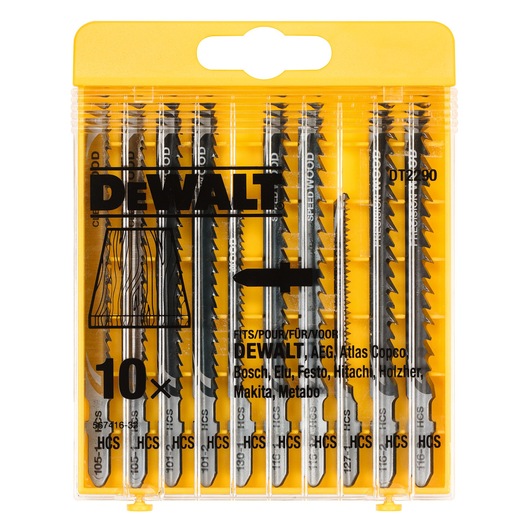DEWALT DT2290 pack of 10 assorted jigsaw blades for wood, in a yellow plastic case.