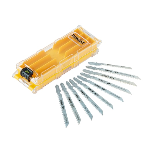 DEWALT jigsaw blade set with yellow storage case and ten assorted metal blades displayed in front.