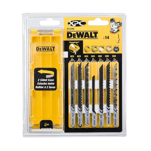 DEWALT DT2298 set with 14 assorted jigsaw blades and a yellow two-sided storage case, packaged.