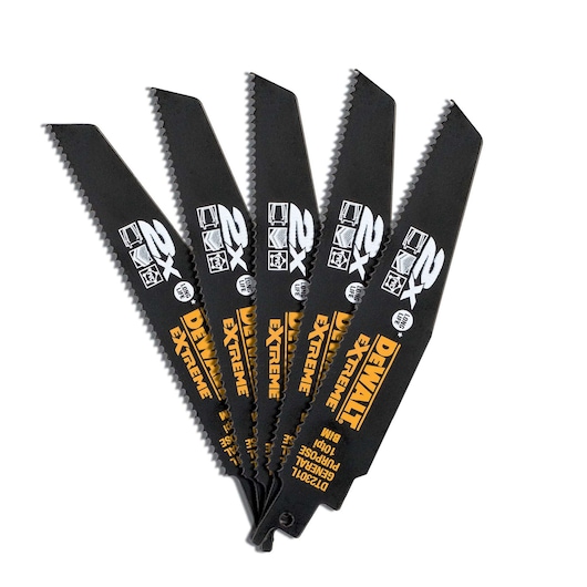 A set of five DEWALT EXTREME reciprocating saw blades, SKU DT2301L, arranged in a fan shape. The blades are black with yellow and white branding, and are designed for general purpose cutting with long life indication.