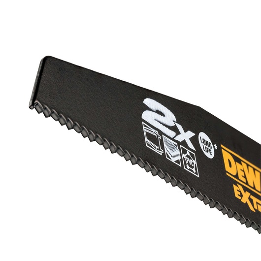 Close-up of a DEWALT DT2301L reciprocating saw blade with angled teeth, showing printed icons and text indicating '2X', 'Long Life', and suitable materials like metal, wood, and PVC.