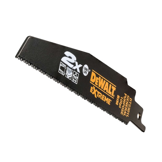 A DEWALT Extreme reciprocating saw blade, model DT2301L, designed for general purpose cutting. The blade is black with yellow and white text indicating it delivers 2X long life, and is suitable for cutting metal and PVC materials.
