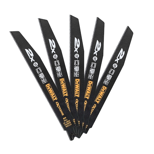 A set of five DEWALT DT2308L black reciprocating saw blades arranged in a fan shape. The blades display yellow DEWALT branding and various icons indicating their compatibility with materials like wood and metal.