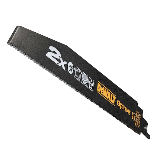 A DEWALT Extreme black reciprocating saw blade with serrated edge and printed branding, product information, and icons indicating durability and material compatibility.