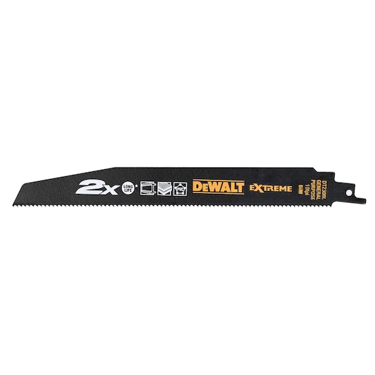 A DEWALT DT2308L Extreme reciprocating saw blade for general purpose cutting, with black finish and printed icons indicating long life and suitability for wood, plastic, and PVC materials.