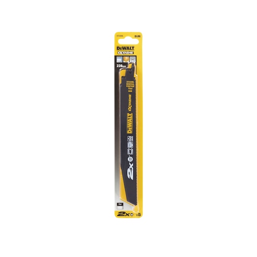 Packaged DEWALT DT2308L Extreme Bi-Metal reciprocating saw blade, 228mm length, shown in yellow and black branded packaging.