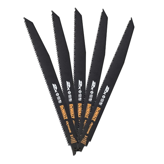 Five black DEWALT reciprocating saw blades with serrated edges, fanned out against a white background. The blades feature printed branding and specifications in yellow and white.