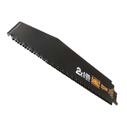 A DEWALT DT2314L Extreme reciprocating saw blade in black, featuring aggressive teeth for cutting. The blade displays branding and specifications in white and yellow text.