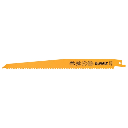 DEWALT DT2320 yellow reciprocating saw blade for cutting wood and PVC, with long life icons printed on blade.
