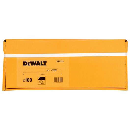Yellow DEWALT DT2323 box contains 100 saw blades, labeled with blade specs and barcode.