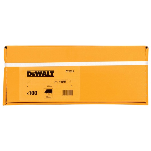 Yellow DEWALT DT2323 box containing 100 saw blades, 203mm length for cutting tasks.