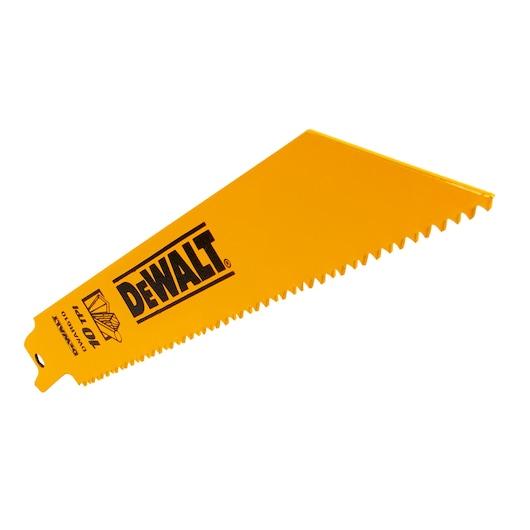 A yellow DEWALT drywall saw blade with serrated teeth, DT2345 model, shown on a white background.