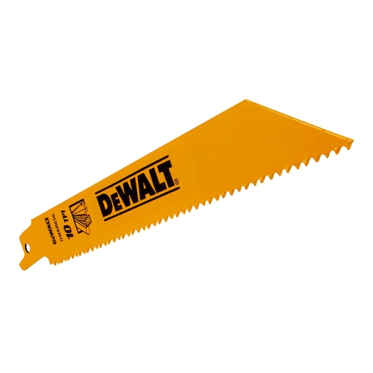 A yellow DEWALT saw blade with serrated teeth, marked with the DEWALT logo and technical specifications. The blade is angled and designed for cutting materials.