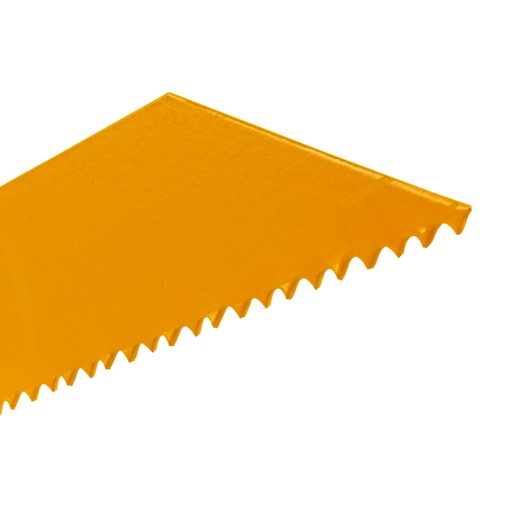 Close-up of a yellow saw blade with pointed teeth, photographed against a white background.