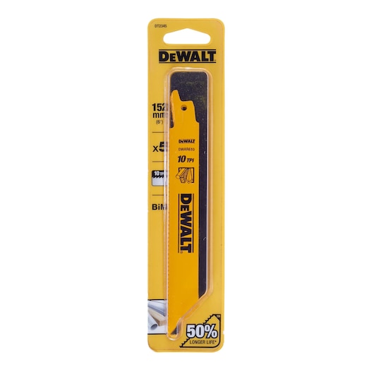 DEWALT DT2345 reciprocating saw blade in yellow and black packaging, 152mm (6 inch), 10 TPI, suitable for cutting metal. The packaging indicates '50% longer life' and contains one saw blade.