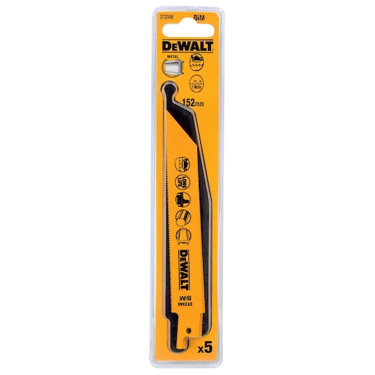 DEWALT DT2346 152mm metal saw blades pack of 5 in yellow packaging.
