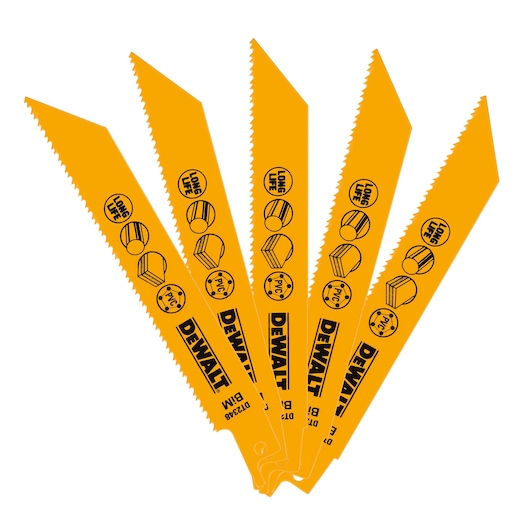 Five yellow DEWALT reciprocating saw blades, model DT2348, arranged in a fan shape against a white background.