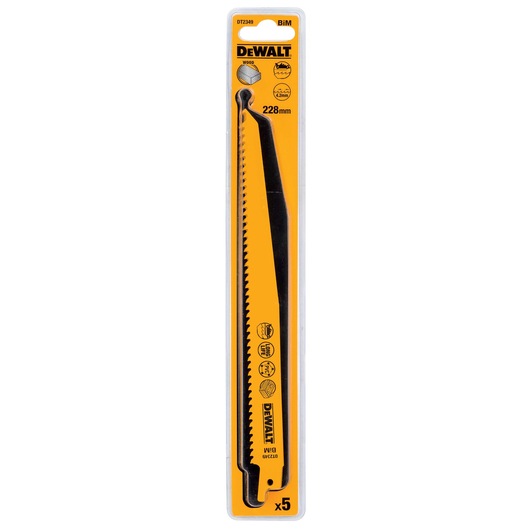 DEWALT DT2349 pack of 5 wood saw blades, 228mm, in yellow and black plastic packaging.