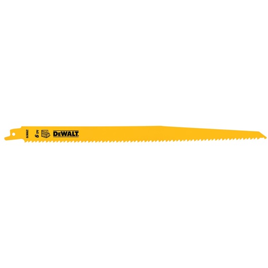 DEWALT DT2350 yellow reciprocating saw blade with sharp teeth, suitable for cutting wood and other materials.