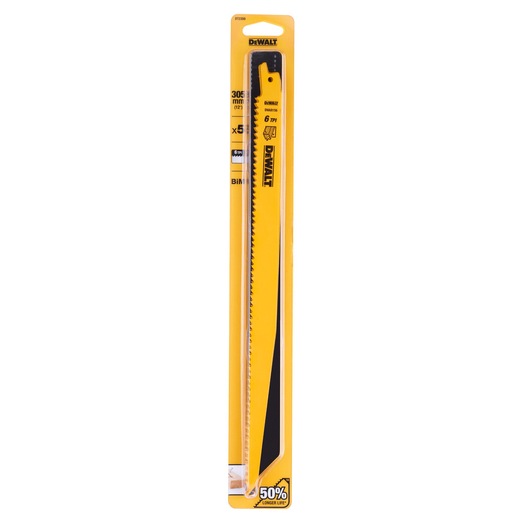 DEWALT DT2350 reciprocating saw blade in yellow packaging, 305mm length, suitable for wood and metal cutting.